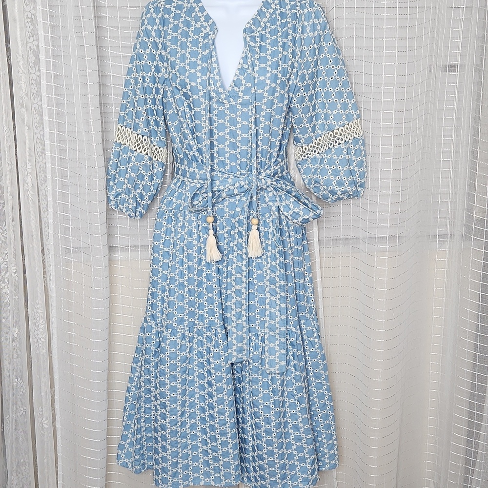 NWOT Anthropologie O.P.T. Blue Eyelet Lace 100% Cotton Tiered Midi Dress SzS